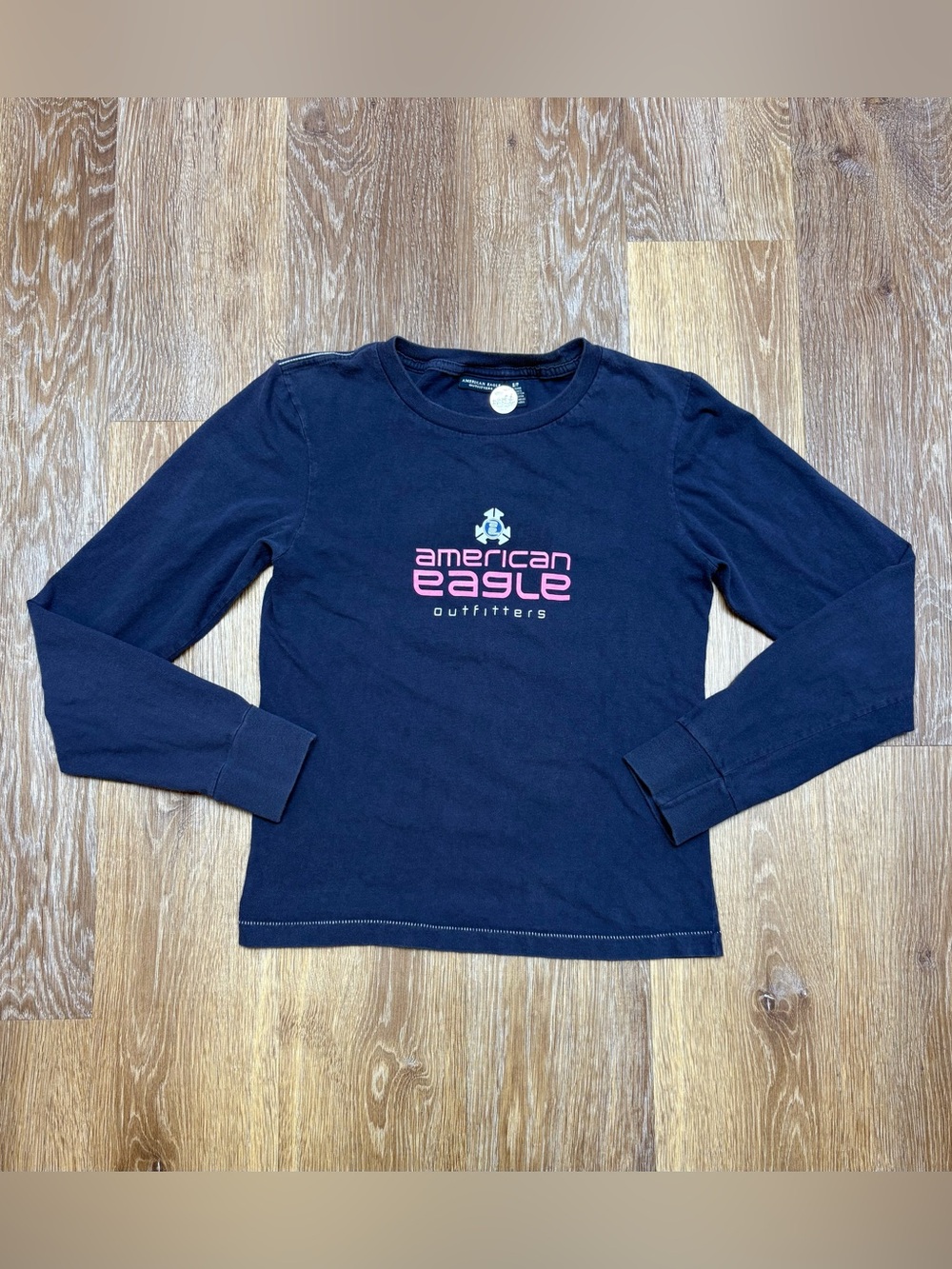American Eagle Outfitters Navy Long-Sleeve Tee with Pink Logo
